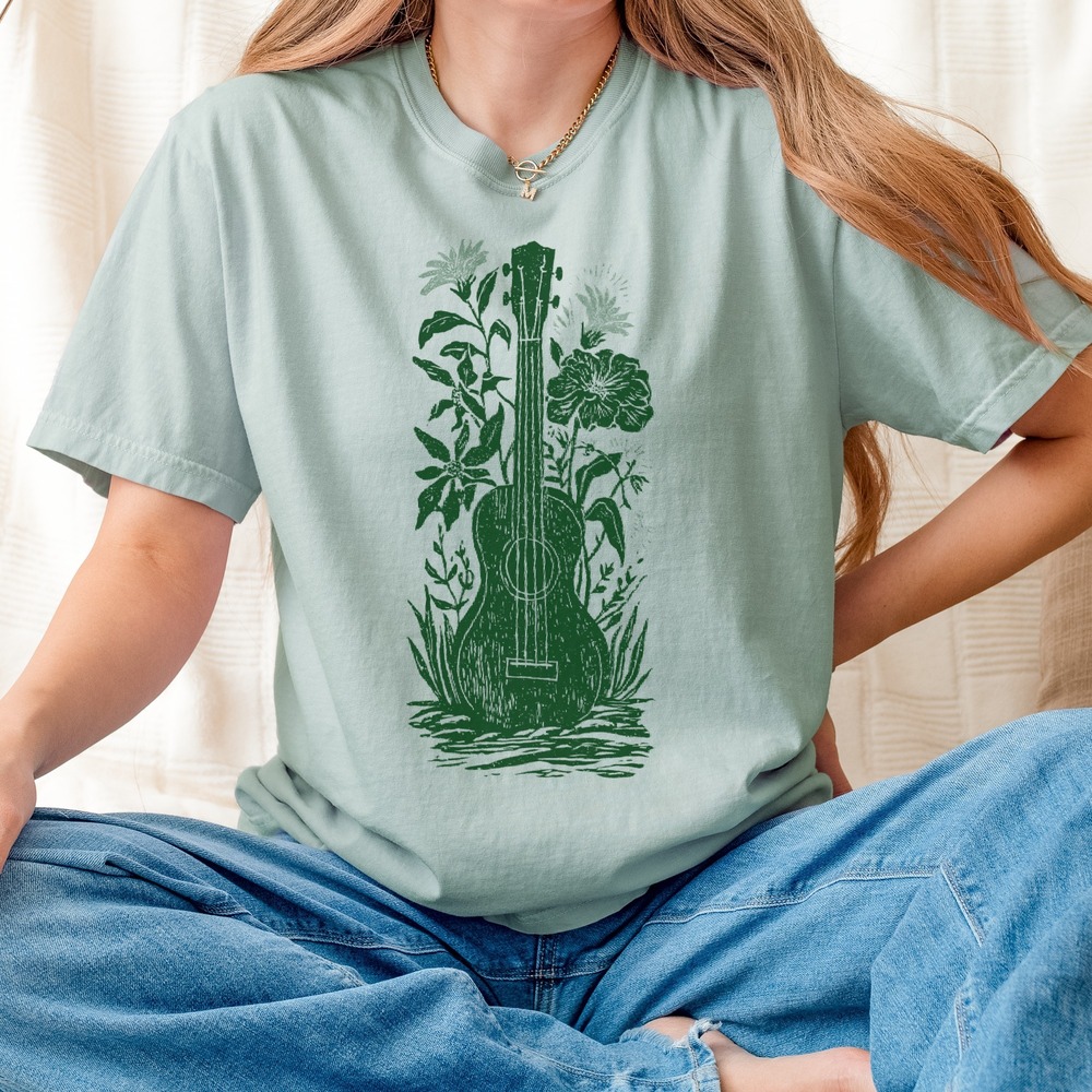 Acoustic Guitar Garden Graphic Tee Block Print Style Nature Art